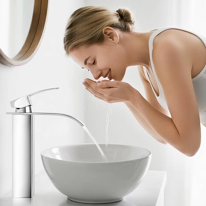 Chrome Bathroom Faucets, Tall Waterfall Bathroom Sink Faucet Modern Single Handle Bathroom Faucte 1 Hole, Tall Spout Vessel Faucet Mixer Tap Washbasin Faucet with Pop-up Drain, Supply Hoses