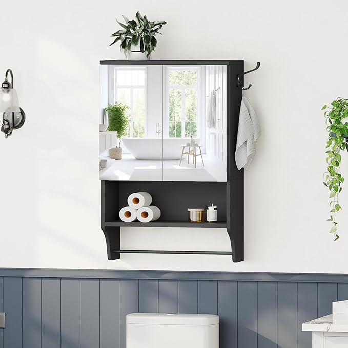 Bathroom Wall Cabinet with Mirror, Medicine Cabinet with 2 Door and Adjustable Shelf, Wall Mounted Over The Toilet Storage Cabinet for Bathroom Laundry Room Kitchen, 18.9"W x 26.2"H, Black