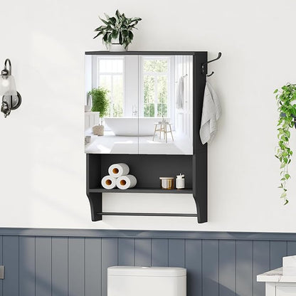 Bathroom Wall Cabinet with Mirror, Medicine Cabinet with 2 Door and Adjustable Shelf, Wall Mounted Over The Toilet Storage Cabinet for Bathroom Laundry Room Kitchen, 18.9"W x 26.2"H, Black