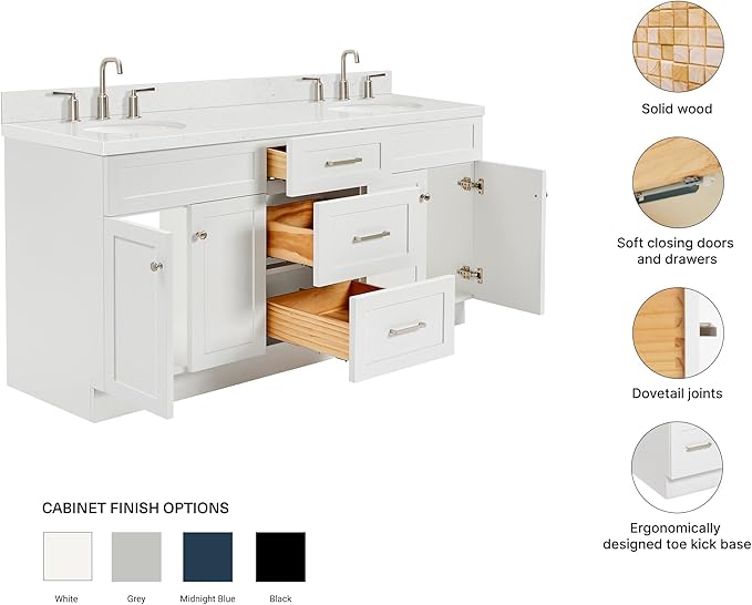 ARIEL Hamlet 72" Double White Bathroom Vanity, 1.5" Edge Carrara Quartz Countertop & Splash, Oval Sinks, 4 Soft Closing Doors, 3 Full Extension Dovetail Drawers, Toe Kick, Brushed Nickel