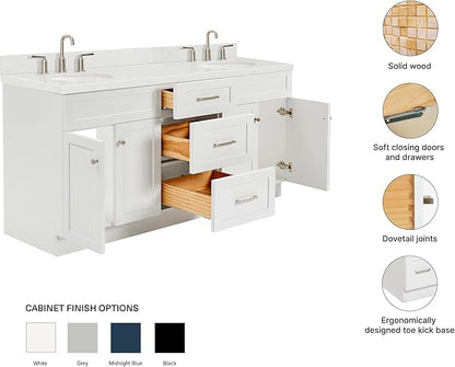 ARIEL Hamlet 72" Double White Bathroom Vanity, 1.5" Edge Carrara Quartz Countertop & Splash, Oval Sinks, 4 Soft Closing Doors, 3 Full Extension Dovetail Drawers, Toe Kick, Brushed Nickel