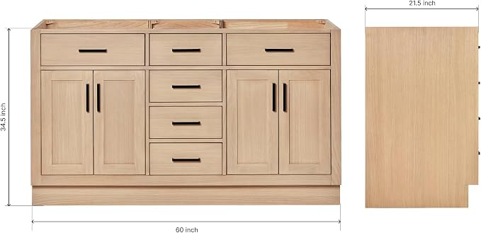 ARIEL Hepburn 60-inch Bathroom Vanity Base Cabinet,Solid Wood, 4 Soft Closing Doors, 6 Dovetail Drawers, White Oak