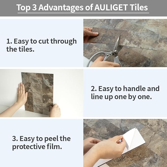 AULIGET 4-Piece Beige & Brown Slate Peel and Stick Backsplash Wall Tiles, 3" x 12" PVC Faux Stone Stick on Tiles for Backsplash Kitchen, Bathroom, Laundry Room, Camper, Fireplace