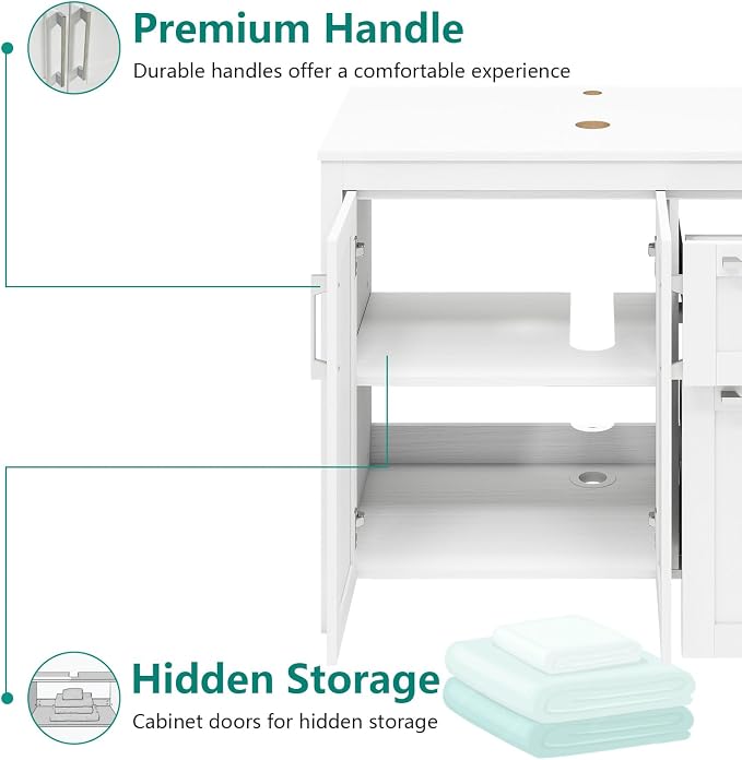 YOURLITE 36" Bathroom Vanity with Sink, White Bathroom Vanity and Sink Combo with Faucet & Pop Up Drain Set,Traditional Vanity with Dark Green Glass Bowl