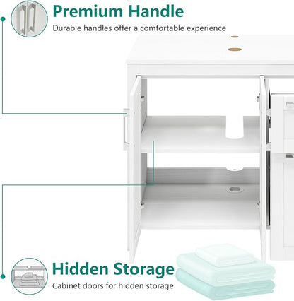 YOURLITE 36" Bathroom Vanity with Sink, White Bathroom Vanity and Sink Combo with Faucet & Pop Up Drain Set,Traditional Vanity with Dark Green Glass Bowl