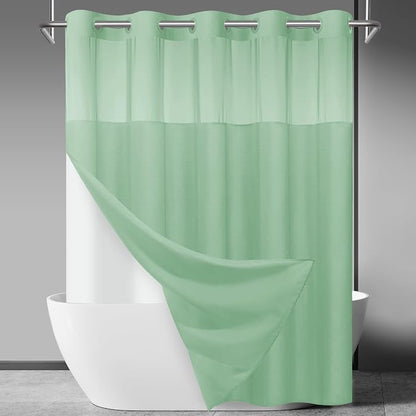 SORTTO No Hook Slub Shower Curtain with Liner, 71x74, Aqua Green | Snap in Liner, 3 in 1, Bamboo Texture, Hotel Style, Waterproof Fabric, Mesh Top Window, Corner Magnets, Machine Washable