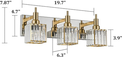 Crystal Bathroom Vanity Light Gold Chrome 3-Light Modern Bathroom Lighting Fixtures Over Mirror Square Wall Sconce