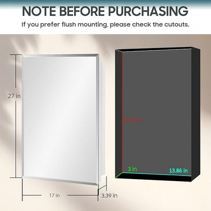 17x27 Plastic Medicine Cabinet with Mirror, Recessed or Surface Mount | 3 adjustable shelves, beveled mirror, soft-close reversible door, 95% assembled; cutout 13.86"W x 24.15"H x 3"D