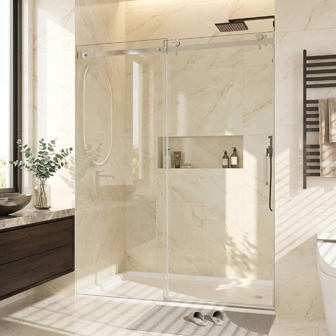 56-60" W x 76" H Frameless Sliding Shower Door, 1/4" (6mm) Tempered Glass with Explosion-Proof Film, Brushed Nickel Bypass Shower Door with Seal Strips