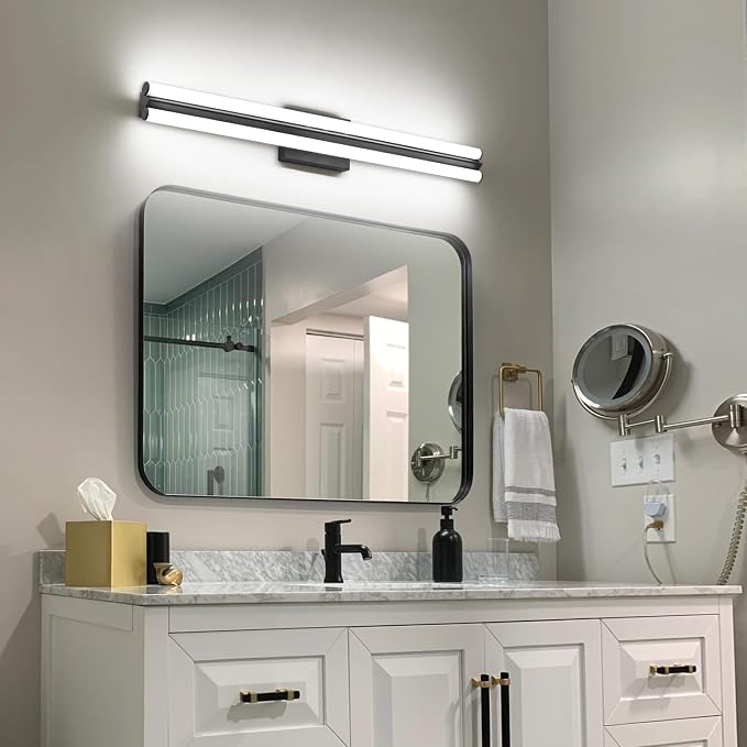 SOLFART Matte Black Bathroom Light Fixtures, Vanity Light Bar 32 Inch Black Vanity Lights Over Mirror, Black Modern LED Lighting for Bath Mirror, Cool ND