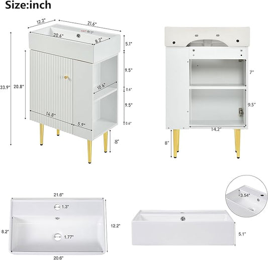 22" Small Bathroom Vanity with Sink, Morden Bathroom Vanities with Soft-Close Door and Open Shelf, Freestanding Narrow Vanity for Compact Space-Saving Bathrooms (White,22" Freestanding Right Shelf)