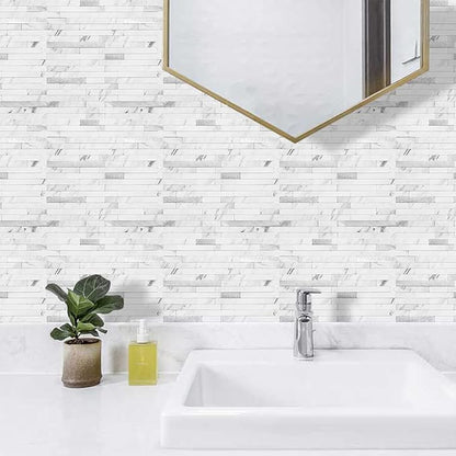 DICOFUN 10-Sheet Peel and Stick Backsplash Tile, Faux White Marble Look PVC Mixed Metal Stick on Backsplash Tiles for Kitchen and Bathroom, 9.4 sq.ft