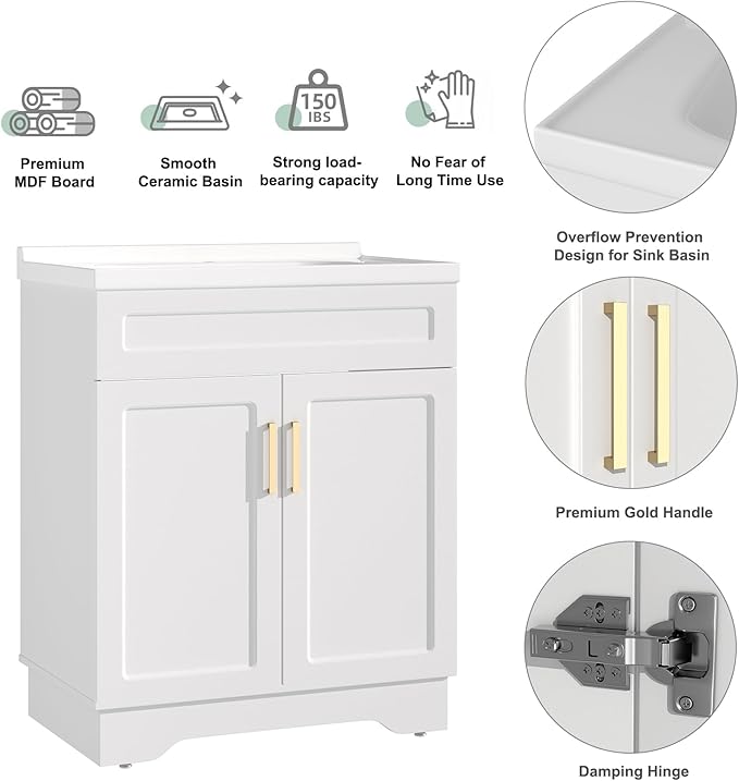 OLD CAPTAIN Bathroom Vanity with Ceramic Sink, Wooden Double Door Bathroom Vanity, 32 Inch Bath Cabinet with Sink and Storage, White