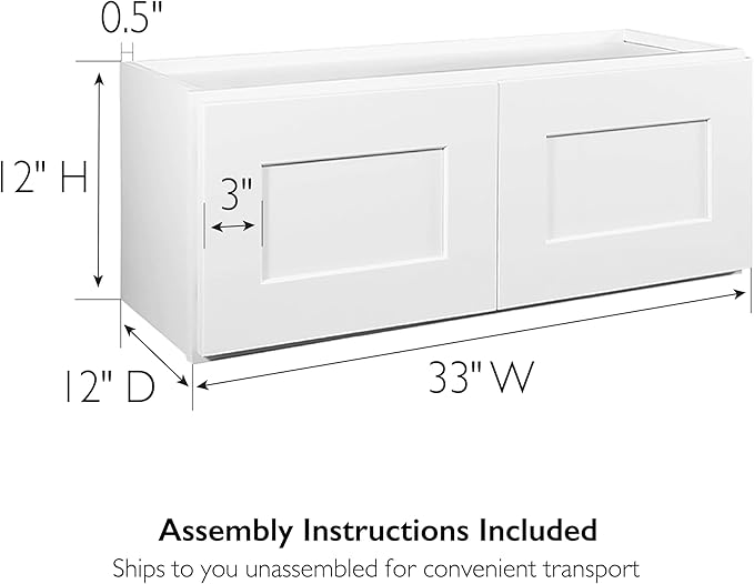 Design House 543272 Brookings Unassembled RTA (Ready-to-Assemble) Shaker Style Bridge Wall Kitchen Cabinet W3312 33x12x12, White
