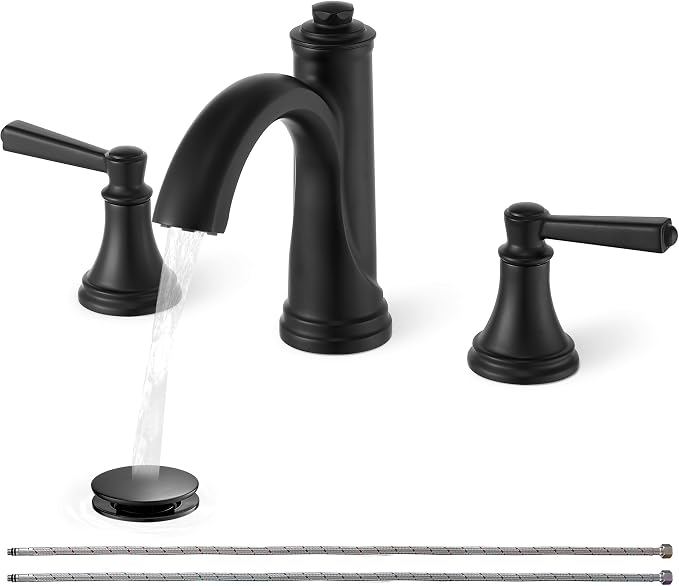 Bathroom Sink Faucet 3 Hole, Black Bathroom Faucet 8 Inch 2 Handles | Lead-Free Brass, Widespread Style, Pop-Up Drain, Pre-installed cUPC Water Hose, 10 Mins Install, For Lavatory Vanity Restroom