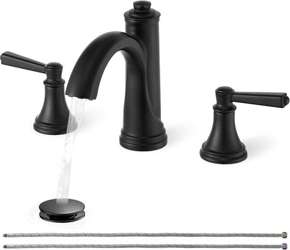 Bathroom Sink Faucet 3 Hole, Black Bathroom Faucet 8 Inch 2 Handles | Lead-Free Brass, Widespread Style, Pop-Up Drain, Pre-installed cUPC Water Hose, 10 Mins Install, For Lavatory Vanity Restroom