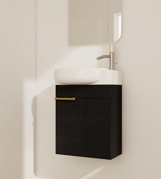 17'' Wall Mounted Bathroom Vanity Sink Combo for Small Space, Modern Bathroom Vanity Set with Ceramic Sink Top, Hanging Garage Vanities Compact Floating Small Cabinet for Bath Room, Black