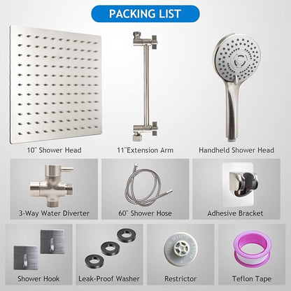 Shower Head Combo,10" Brushed Nickel High Pressure with 11" Extension Arm | Rain Shower Head with 5 Settings Handheld Shower Head Combo,Powerful Shower Spray Against Low Pressure Water
