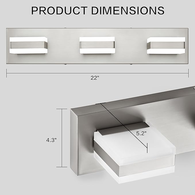 PRESDE 3-Light LED Vanity Light for Bathroom Brushed Nickel Bathroom Light Fixtures Over Mirror Modern Bath Wall Lighting