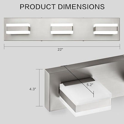 PRESDE 3-Light LED Vanity Light for Bathroom Brushed Nickel Bathroom Light Fixtures Over Mirror Modern Bath Wall Lighting