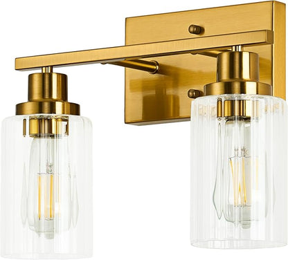 Jonsi Gold Bathroom Light Fixtures, 2 Light Brushed Gold Vanity Lights With Fluted Glass Shade, Modern Lights Over Mirror, Vanity Lighting Fixtures