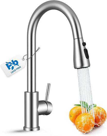 Kitchen Faucet with Pull Down Sprayer, VFAUOSIT Lead-Free Kitchen Sink Faucet Brushed Nickel Stainless Steel Modern High Arc Pull Out Single Hole Kitchen Faucets for Bar RV Bathroom Sink Faucets