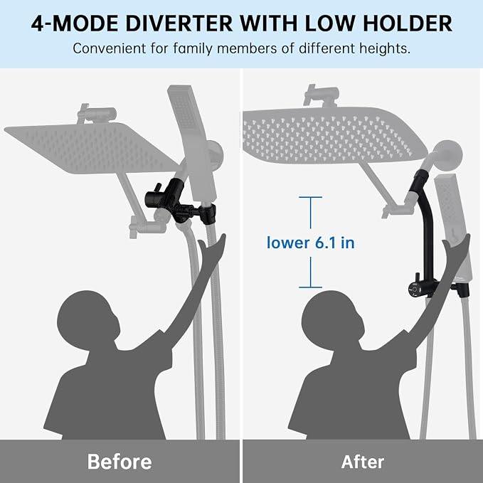G-Promise 14 Inch All Metal Rain Shower Head with Handheld (Matte Black) | Suits Every Height, Pause Mode Diverter, Massage Mode Handheld, Full Body Coverage, Easy to Install, Modern Bath Upgrade