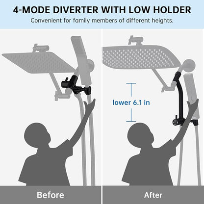 G-Promise 14 Inch All Metal Rain Shower Head with Handheld (Matte Black) | Suits Every Height, Pause Mode Diverter, Massage Mode Handheld, Full Body Coverage, Easy to Install, Modern Bath Upgrade