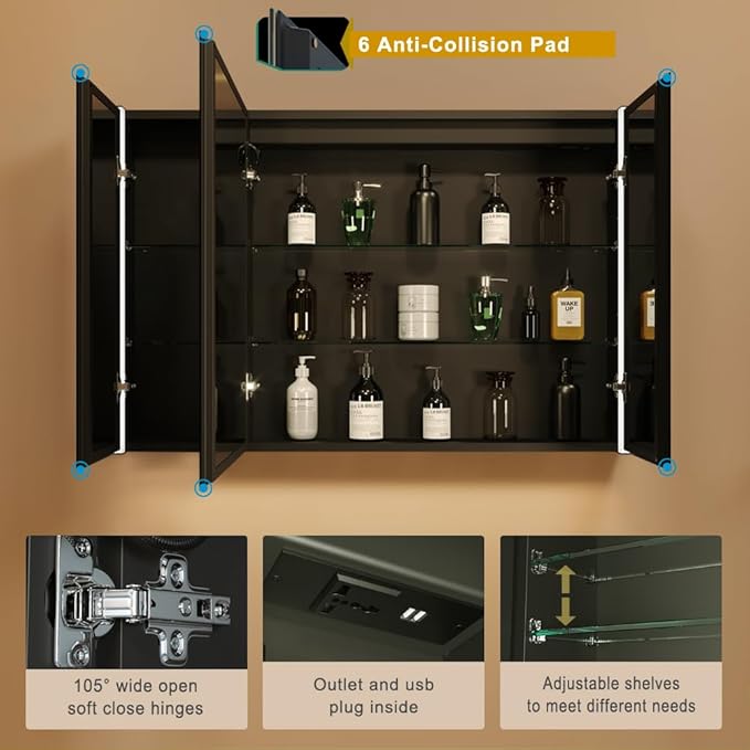 KWW LED Lighted Bathroom Medicine Cabinet with Sockets & USBs, Defogger, Dimmable, 3 Color Light Makeup Mirror, Easy to Install, Wall Mounted Cabinet (3 door-41 * 28)