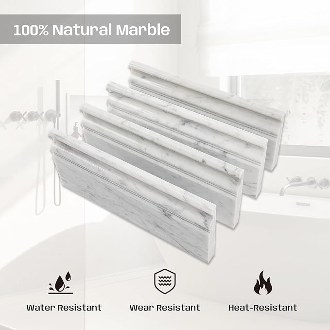 Carrara White Marble Baseboard Trim Molding 5"x12", Polished, 4 Pcs | Marble Base Moulding for Kitchen, Bathroom, Wall, Floor & Shower, Protects Walls, Easy to Install, Durable