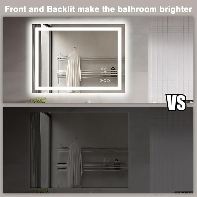 EchosLife 40"x30" LED Lights Bathroom Mirror | Backlit + Front Lit, Anti-Fog, Stepless Dimmable, 3 Colors, Memory, Tempered Glass, UL Listed, Horizontal/Vertical