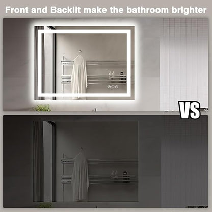 EchosLife 40"x30" LED Lights Bathroom Mirror | Backlit + Front Lit, Anti-Fog, Stepless Dimmable, 3 Colors, Memory, Tempered Glass, UL Listed, Horizontal/Vertical