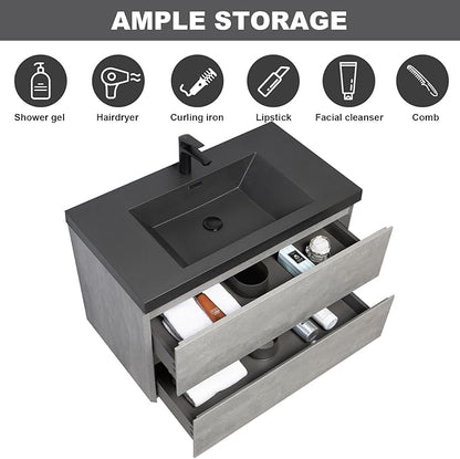 Wall Mounted 36 Inch Bathroom Vanity with Sink, Floating Vanity Bathroom, Single Sink Bathroom Vanity, 2 Drawers, Resin Integrated Sink (Dark Birch)