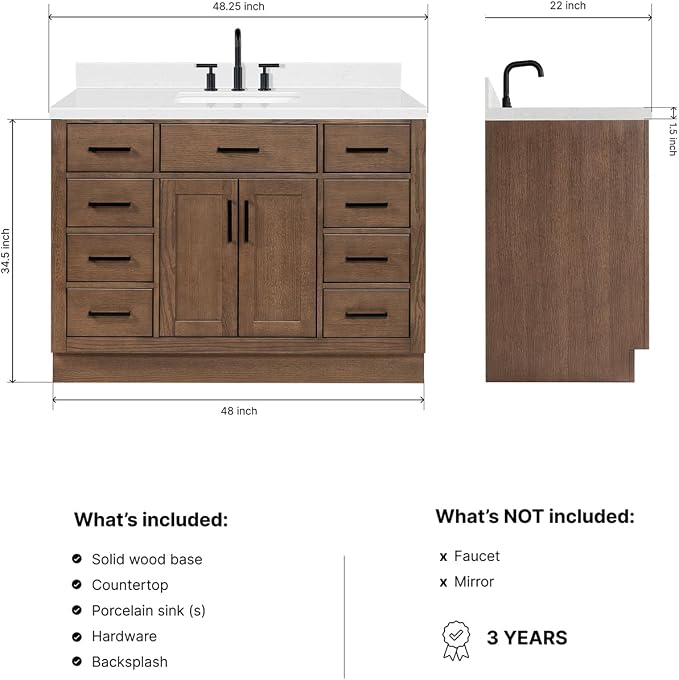 Isabella 48-Inch Brown Oak Single Bathroom Vanity with Sink, 1.5-Inch Edge Carrara White Quartz Countertop & 4" Backsplash, Soft-Closing Doors & Drawers, Solid Oak Wood Construction