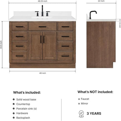 Isabella 48-Inch Brown Oak Single Bathroom Vanity with Sink, 1.5-Inch Edge Carrara White Quartz Countertop & 4" Backsplash, Soft-Closing Doors & Drawers, Solid Oak Wood Construction