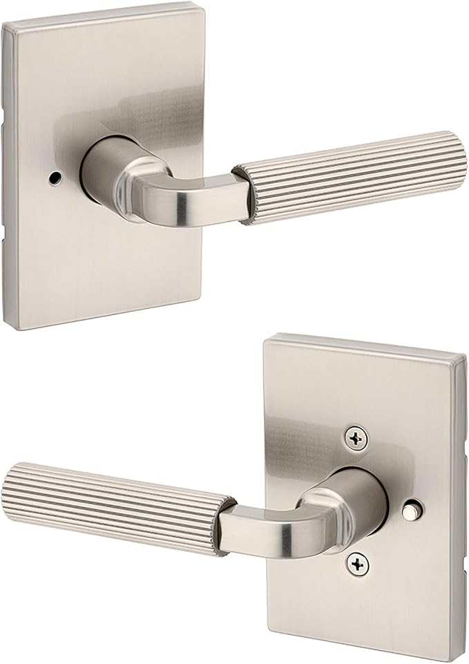 Kwikset Mirada Reeded Interior Privacy Door Handle with Lock, Handle for Bathroom and Bedroom, Satin Nickel, Reversible Keyless Push Button Lock, with Microban Protection