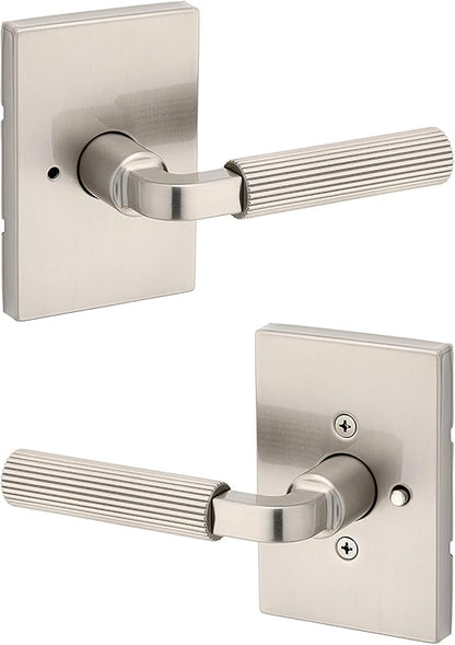 Kwikset Mirada Reeded Interior Privacy Door Handle with Lock, Handle for Bathroom and Bedroom, Satin Nickel, Reversible Keyless Push Button Lock, with Microban Protection