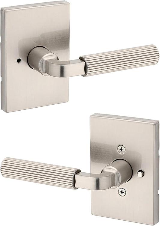 Kwikset Mirada Reeded Interior Privacy Door Handle with Lock, Handle for Bathroom and Bedroom, Satin Nickel, Reversible Keyless Push Button Lock, with Microban Protection