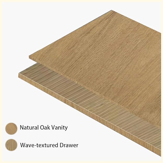 72'' Floating Bathroom Vanity with Sink, Wall-Mounted Bathroom Storage Cabinet with 2 Soft-Close Striped Drawers & Double Solid Surface Basins, Natural Oak Body with Internal Handle, Wood