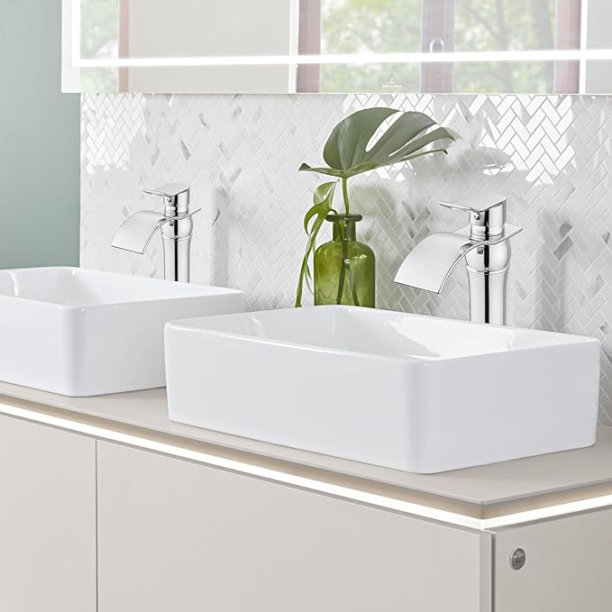 gotonovo Waterfall Vessel Sink Faucet for Sink 1 Hole,Single Handle Tall Bathroom Sink Faucet,Brass Waterfall Bathroom Faucet Arc Body Mixer Tap with Pop Up Drain and Supply Line,Polish Chrome