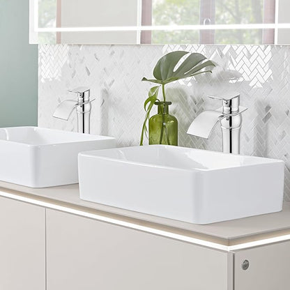 gotonovo Waterfall Vessel Sink Faucet for Sink 1 Hole,Single Handle Tall Bathroom Sink Faucet,Brass Waterfall Bathroom Faucet Arc Body Mixer Tap with Pop Up Drain and Supply Line,Polish Chrome
