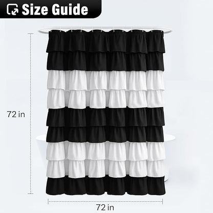 Seasonwood Ruffle Shower Curtain Black and White Shower Curtain Farmhouse Vintage Handcrafted Rustic Decorative Fabric Shower Curtains Girly Modern Bathroom Curtain, 72" x 72"