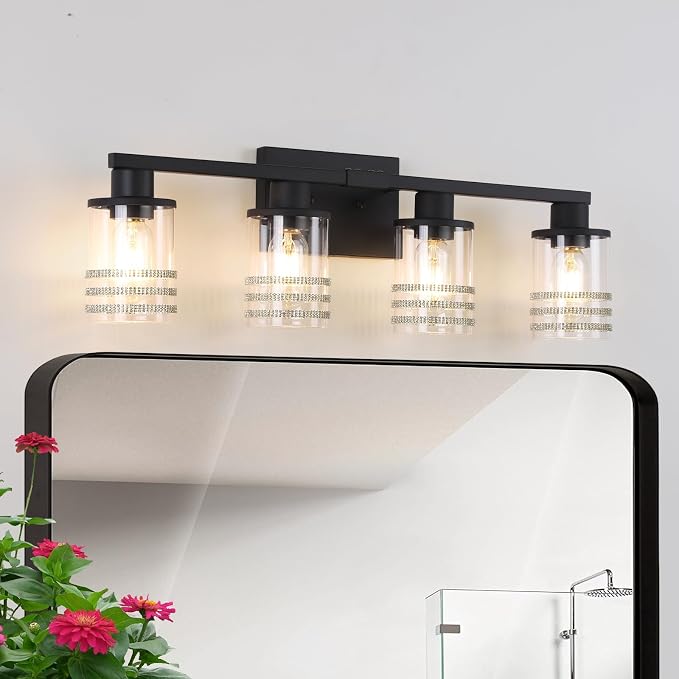 YYT 4 Light Bathroom Light Fixtures Black Vanity Lights for Bathroom Vanity Light Matte Black 4 Light with Clear Glass Shades