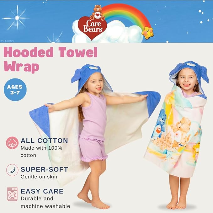Care Bears Retro Kids Super Soft Bath/Pool/Beach Soft Cotton Terry Hooded Towel Wrap, 24 in x 50 in, (Officially Licensed Product) By Franco