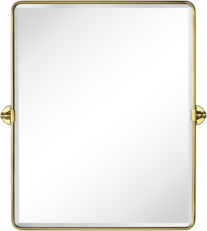 Farmhouse Pivot Rectangle Bathroom Mirror Brushed Gold Metal Framed Tilting Beveled Vanity Mirrors for Wall, Overall 27.91x 30 inches (Mirrror 24 x 30 inches)