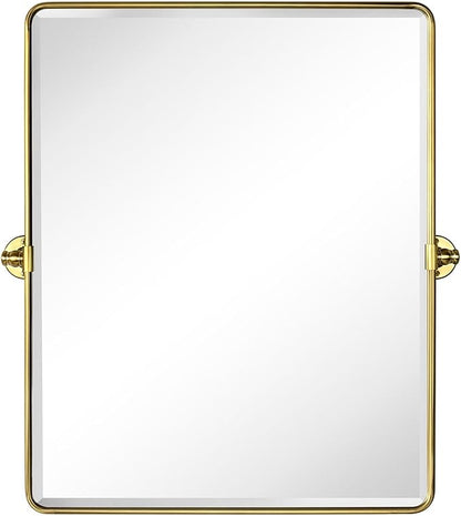 Farmhouse Pivot Rectangle Bathroom Mirror Brushed Gold Metal Framed Tilting Beveled Vanity Mirrors for Wall, Overall 27.91x 30 inches (Mirrror 24 x 30 inches)