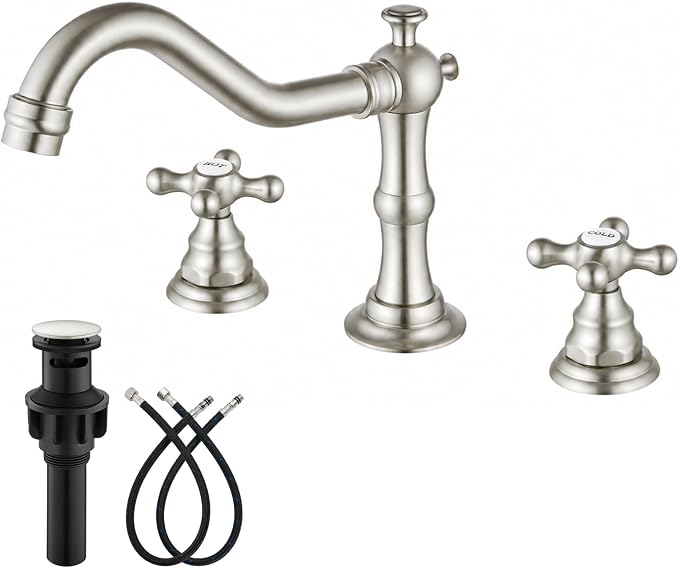 gotonovo Bathroom Faucet 3 Hole Vintage, Brushed Nickel, Hot Cold Label | Widespread Bathroom Sink Faucet 8 Inch 2 Cross Handles,Pop Up Drain,cUPC Supply Line,4-15.7” Install,for Vanity Farmhouse RV