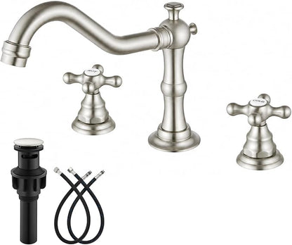 gotonovo Bathroom Faucet 3 Hole Vintage, Brushed Nickel, Hot Cold Label | Widespread Bathroom Sink Faucet 8 Inch 2 Cross Handles,Pop Up Drain,cUPC Supply Line,4-15.7” Install,for Vanity Farmhouse RV