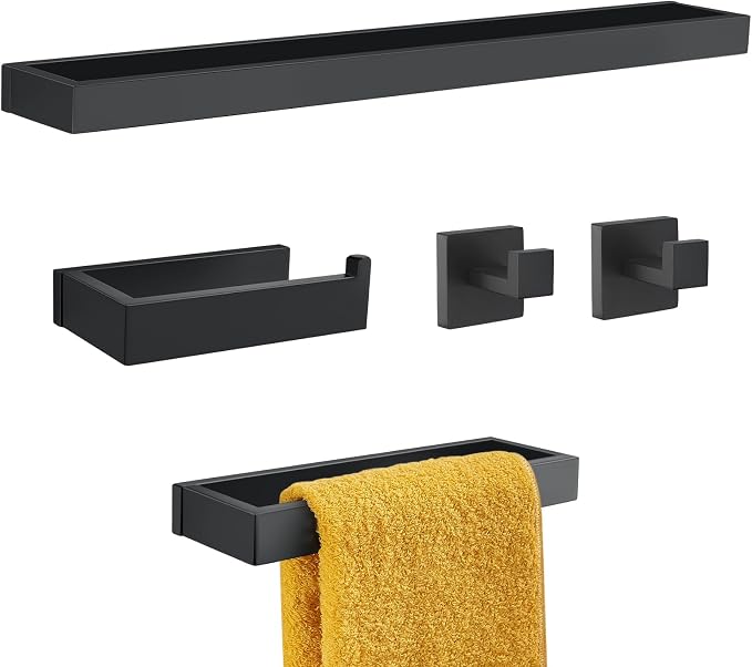 Black Towel Bar Set, 5-Pieces Bathroom Hardware Set,23.6 Inch Towel Rack Set Stainless Steel Towel Holder Set Wall-Mounted Bathroom Accessories