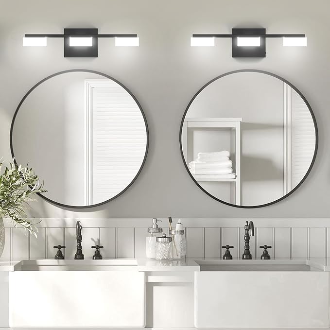 LED Modern Bathroom Light Fixtures Over Mirror, 3-Light Dimmable Vanity Lights, Matte Black Acrylic Bathroom Vanity Light, 2700K-6500K Adjustable, ETL Certificated